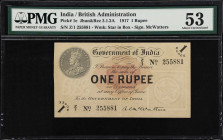 INDIA. Government of India. 1 Rupee, 1917. P-1e. Jhun&Rez 3.1.2A. PMG About Uncirculated 53.
Signed by McWatters. Star in Box watermark at bottom rig...