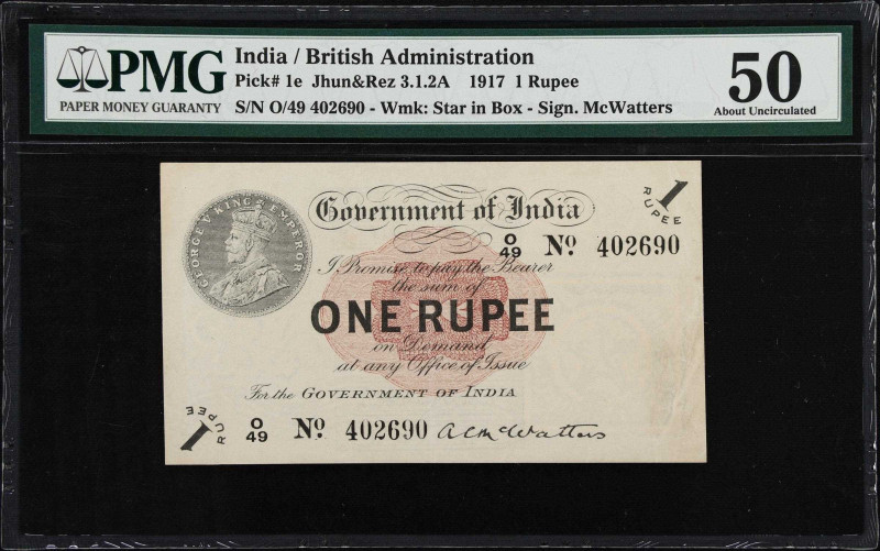 INDIA. Government of India. 1 Rupee, 1917. P-1e. Jhun&Rez 3.1.2A. PMG About Unci...