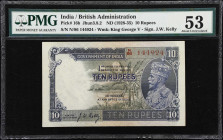 INDIA. Government of India. 10 Rupees, ND (1928-35). P-16b. Jhun3.8.2. PMG About Uncirculated 53.
J.W. Kelly signed 10 Rupees banknote with King Geor...