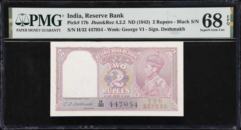 INDIA. Reserve Bank of India. 2 Rupees, ND (1943). P-17b. Jhun&Rez 4.2.2. PMG Su...