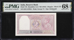 INDIA. Reserve Bank of India. 2 Rupees, ND (1943). P-17b. Jhun&Rez 4.2.2. PMG Superb Gem Uncirculated 68 EPQ.
King George VI at right with KGVI water...