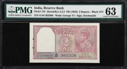 INDIA. Reserve Bank of India. 2 Rupees, ND (1943). P-17b. Jhun&Rez 4.2.2. PMG Choice Uncirculated 63.
PMG Comments "Staple Holes at Issue, Minor Rust...