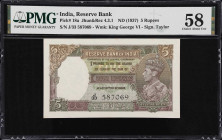 INDIA. Reserve Bank of India. 5 Rupees, ND (1937). P-18a. Jhun&Rez 4.3.1. PMG Choice About Uncirculated 58.
PMG comments "Staple Holes at Issue."

...