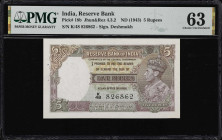 INDIA. Reserve Bank. 5 Rupees, ND (1943). P-18b. Jhun&Rez 4.3.2. PMG Choice Uncirculated 63.
PMG Comments "Staple Holes at Issue."

Estimate: $200....