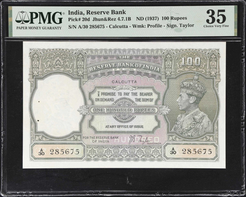 INDIA. Reserve Bank of India. 100 Rupees, ND (1937). P-20d. Jhun&Rez 4.7.1B. PMG...