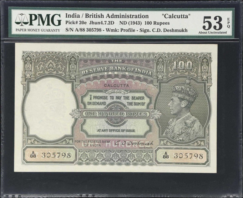 INDIA. Reserve Bank of India. 100 Rupees, ND (1943). P-20e. Jhun4.7.2D. PMG Abou...