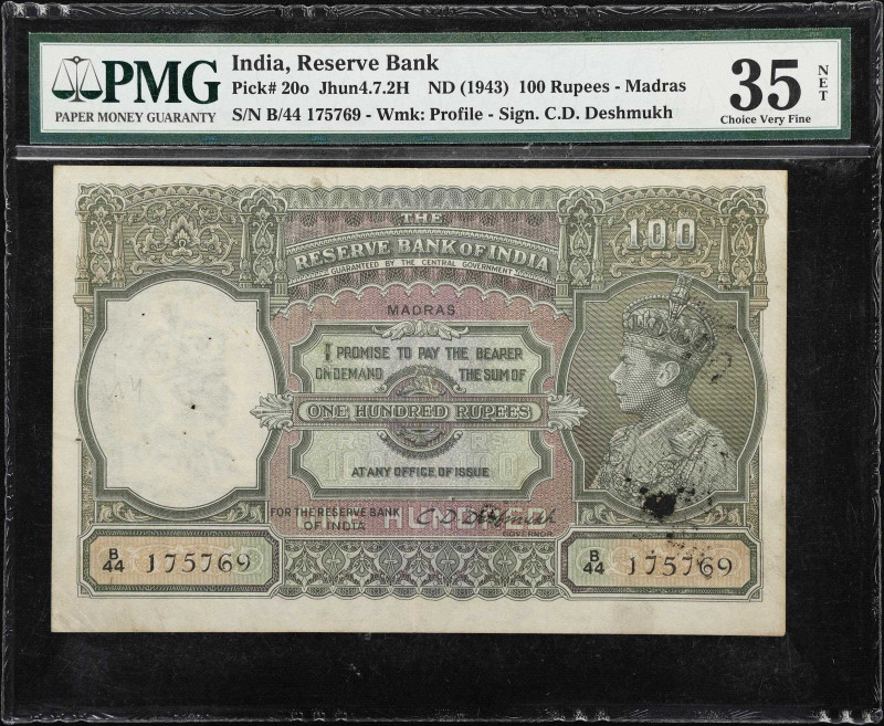 INDIA. Reserve Bank of India. 100 Rupees, ND (1943). P-20o. PMG Choice Very Fine...