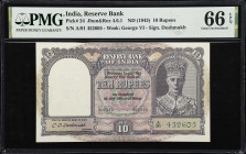 INDIA. Lot of (2). Reserve Bank of India. 10 Rupees, ND (1943). P-24. Jhun&Rez 4.6.1. Consecutive. PMG Gem Uncirculated 66 EPQ.
Serial numbers A/91 4...