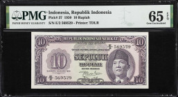 INDONESIA. Lot of (3). Republik Indonesia & Bank Indonesia. 10, 500 & 10,000 Rupiah, 1950-68. P-37, 101a* & 109a. PMG Gem Uncirculated 65 EPQ to Super...