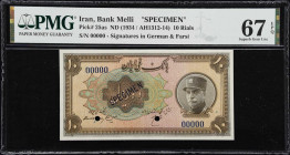 IRAN. Bank Melli Iran. 10 Rials, ND (1934). P-25as. Specimen. PMG Superb Gem Uncirculated 67 EPQ.
Specimen printed by ABNC. Signatures in German and ...