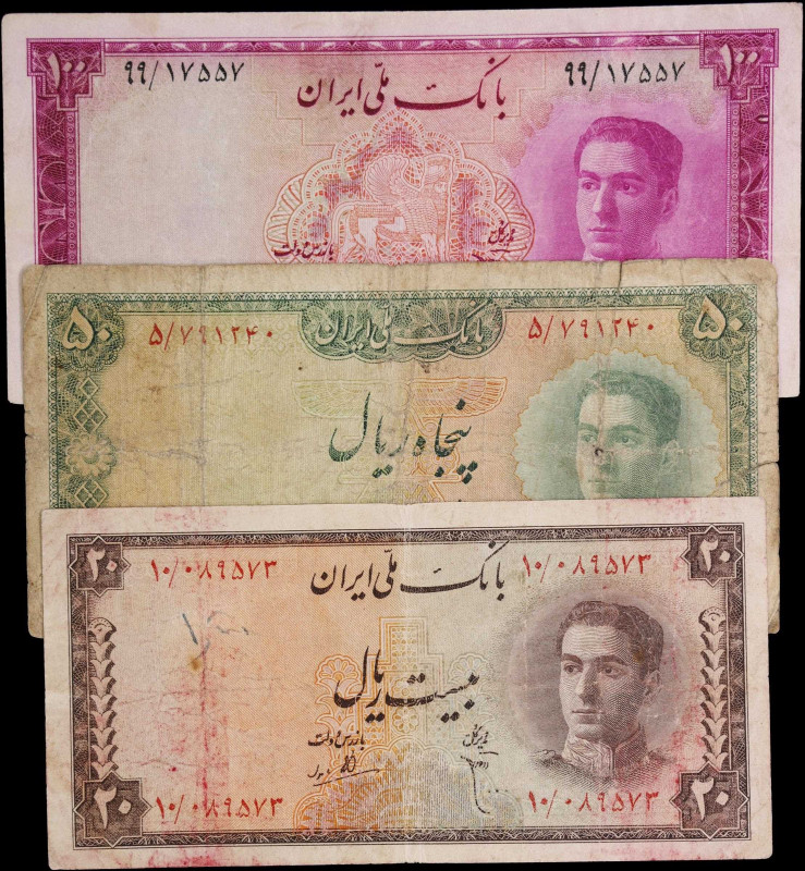 IRAN. Lot of (3). Bank Melli Iran. 20, 50 & 100 Rials, ND (1948-51). P-48, 49 & ...