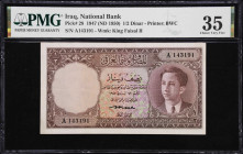 IRAQ. National Bank of Iraq. 1/2 Dinar, 1947 (ND 1950). P-28. PMG Choice Very Fine 35.
Printed by BWC. A multicolored guilloche stands out at center,...