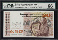 IRELAND. Central Bank of Ireland. 50 Pounds, 1982. P-74a. LTN79. PMG Gem Uncirculated 66 EPQ.
Signed by T.F. O'Cofaigh and M.F. Doyle, Lady Lavery wa...