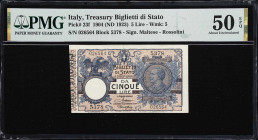 ITALY. Treasury Biglietti di Stato. 5 Lire, 1904 (ND 1923). P-23f. PMG About Uncirculated 50 EPQ.
Maltese-Rossolini signature combination.
From the ...