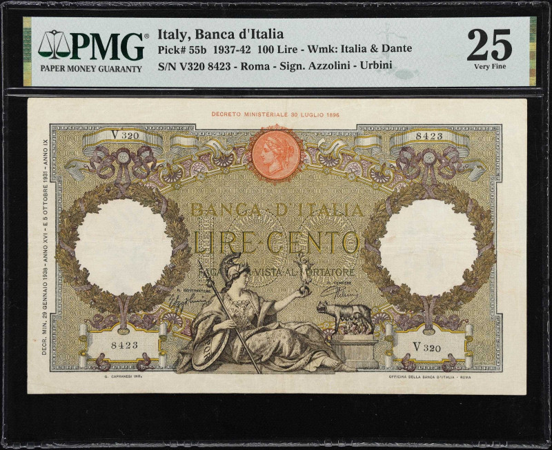 ITALY. Banca d'Italia. 100 Lire, 1938. P-55b. PMG Very Fine 25.

Estimate: $75...