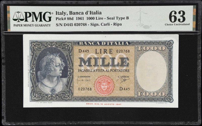 ITALY. Banca d'Italia. 1000 Lire, 1961. P-88d. PMG Choice Uncirculated 63.
PMG ...