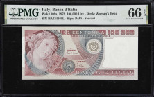 ITALY. Banca d'Italia. 100,000 Lire, 1978. P-108a. PMG Gem Uncirculated 66 EPQ.
Gem example with geometric designs, one of the "Three Graces" from th...