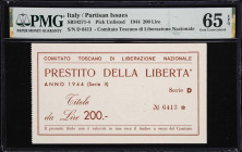 ITALY. Comitato Toscano di Liberazione Nazionale. 200 Lire, 1944. P-Unlisted. SB34271-4. PMG Gem Uncirculated 65 EPQ.

Estimate: $300.00- $400.00