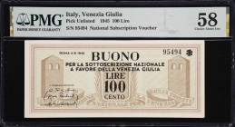 ITALY. National Subscription Voucher. 100 Lire, 1945. P-Unlisted. PMG Choice About Uncirculated 58.

Estimate: $100.00- $200.00