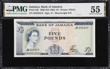 JAMAICA. Bank of Jamaica. 5 Pounds, 1960 (ND 1964). P-52b. PMG About Uncirculated 55.
High grade 1964 QEII banknote featuring blue border with multic...