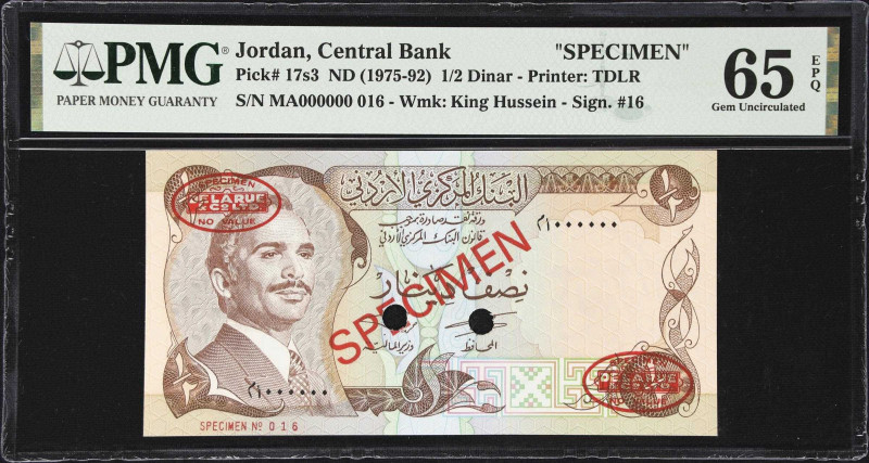 JORDAN. Central Bank of Jordan. 1/2 Dinar, ND (1975-92). P-17s3. Specimen. PMG G...