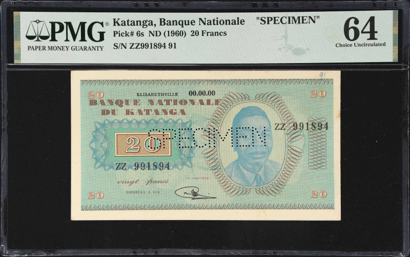 KATANGA. Banque Nationale du Katanga. 20 Francs, ND (1960). P-6s. Specimen. PMG ...