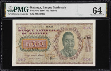 KATANGA. Banque Nationale du Katanga. 500 Francs, 1960. P-9a. PMG Choice Uncirculated 64.
President Moise Tshombe on the front, National Assembly on ...