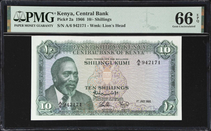 KENYA. Central Bank of Kenya. 10 Shillings, 1966. P-2a. PMG Gem Uncirculated 66 ...