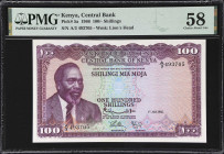 KENYA. Central Bank of Kenya. 100 Shillings, 1966. P-5a. PMG Choice About Uncirculated 58.
Pleasing multicolored obverse with July 1st, 1966 date, ge...