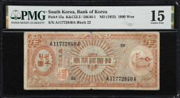 KOREA, SOUTH. Bank of Korea. 1000 Won, ND (1953). P-15a. K&C52.5. PMG Choice Fine 15.

Estimate: $200.00- $400.00