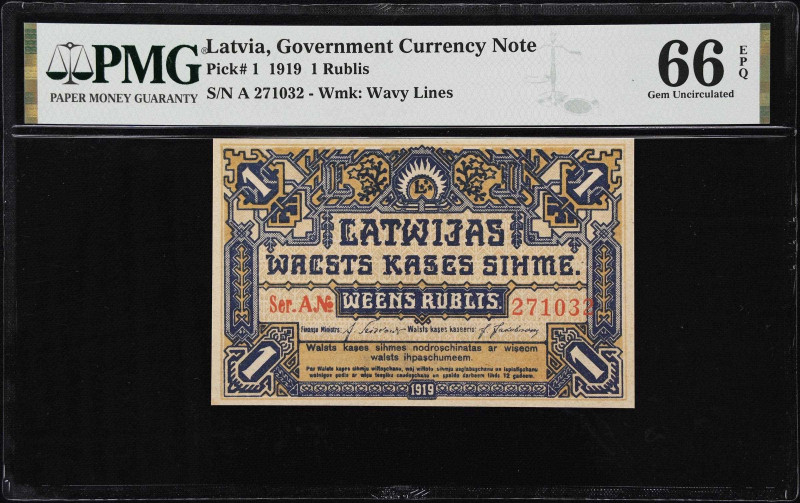 LATVIA. Latwijas Walsts Kases. 1 Rublis, 1919. P-1. PMG Gem Uncirculated 66 EPQ....