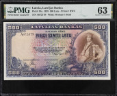 LATVIA. Latvijas Banka. 500 Latu, 1929. P-19a. PMG Choice Uncirculated 63.
Printed by BWC. Lovely multicolored obverse with geometric design at cente...