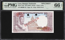 LAOS. Banque Nationale du Laos. 50 Kip, ND (1963). P-12s2. Specimen. PMG Gem Uncirculated 66 EPQ.

Estimate: $100.00- $200.00