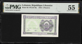 LEBANON. Lot of (2). Republique Libanaise & Banque de Syrie et du Liban. 1 Livre & 5 Piastres, 1944-52. P-38 & 55a. PCLB 76a & PCLB 86a. PMG About Unc...