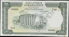 LEBANON. Banque de Syrie et du Liban. 10 Livres, ND. P-57s. Specimen. Uncirculated.
Stain.

Estimate: $200.00- $400.00