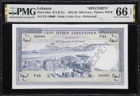LEBANON. Banque de Syrie et du Liban. 100 Livres, 1952-63. P-60s2. PCLB 91s. Specimen. PMG Gem Uncirculated 66 EPQ.

Estimate: $300.00- $500.00