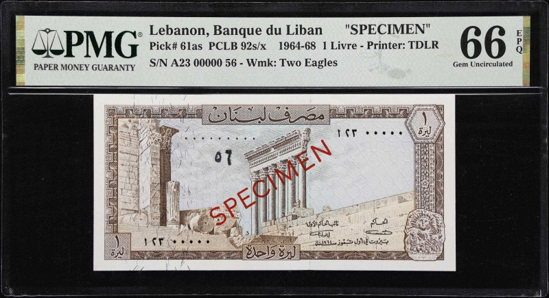 LEBANON. Banque du Liban. 1 Livre, 1964-68. P-61as. PCLB 92s/x. Specimen. PMG Ge...