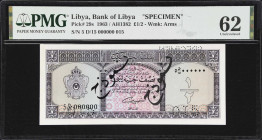 LIBYA. Bank of Libya. 1/2 Libyan Pound, 1963. P-29s. Specimen. PMG Uncirculated 62.
Perforated specimen with bold colors, intricate border design, an...