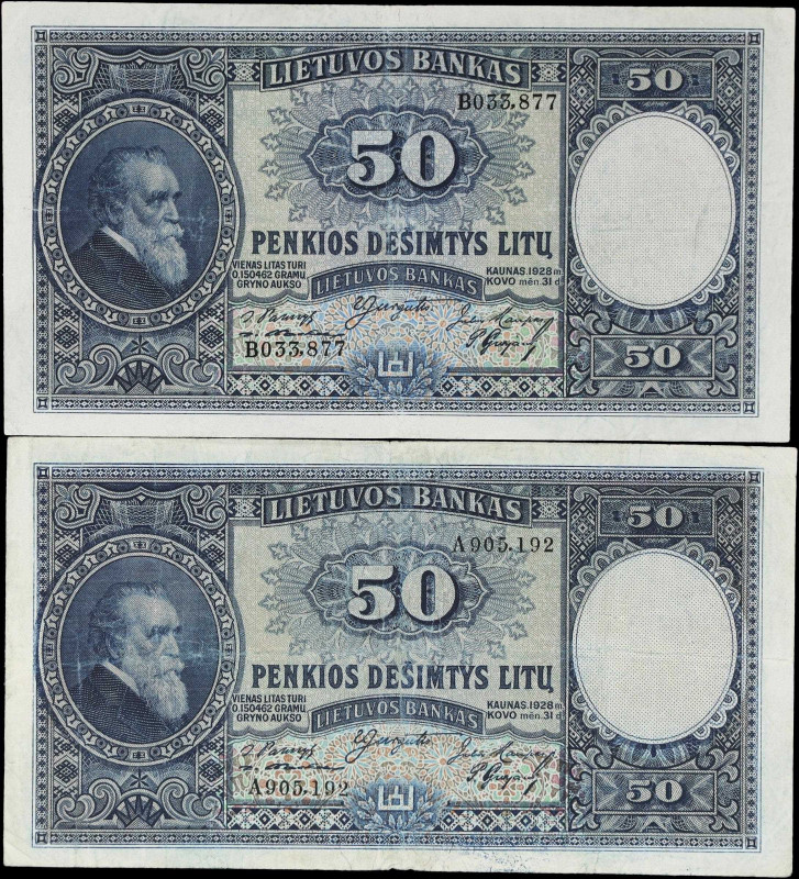 LITHUANIA. Lot of (2). Lietuvos Bankas. 50 Litu, 1928. P-24. Fine.
From the Sco...