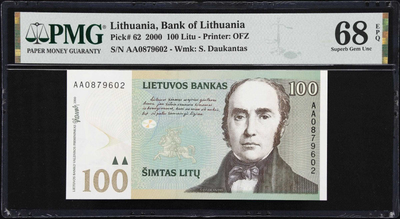 LITHUANIA. Lietuvos Bankas. 100 Litu, 2000. P-62. PMG Superb Gem Uncirculated 68...