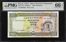 MACAU (SAR). Banco Nacional Ultramarino. 500 Patacas, 1999. P-74a. KNB61b-c. PMG Gem Uncirculated 66 EPQ.

Estimate: $100.00- $150.00