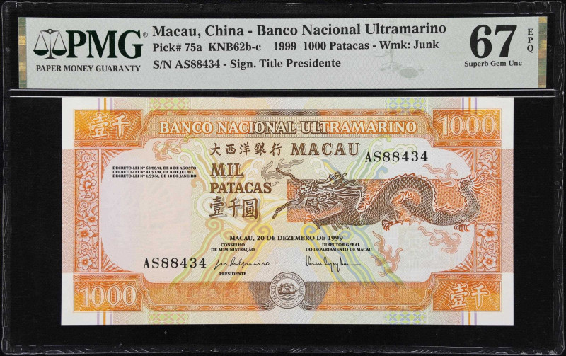 MACAU (SAR). Banco Nacional Ultramarino. 1000 Patacas, 1999. P-75a. KNB62b-c. PM...