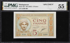 MADAGASCAR. Banque de Madagascar. 5 Francs, ND (1937). P-35s. Specimen. PMG About Uncirculated 55.

Estimate: $200.00- $400.00
