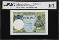 MADAGASCAR. Banque de Madagascar. 10 Francs, ND (1937-47). P-36. PMG Choice Uncirculated 64.

Estimate: $100.00- $150.00