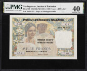 MADAGASCAR. Institut d'Emission Malgache. 1000 Francs = 200 Ariary, 1953. P-54. PMG Extremely Fine 40.
Overprint on Madagascar #48. PMG Comments "Pre...