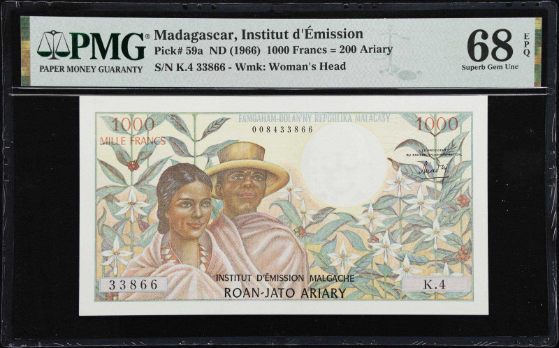 MADAGASCAR. Institut d'Emission Malgache. 1000 Francs = 200 Ariary, ND (1966). P...