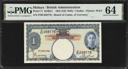 MALAYA. Board of Commissioners of Currency. 1 Dollar, 1941. P-11. KNB11. PMG Choice Uncirculated 64.

Estimate: $100.00- $200.00