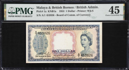 MALAYA AND BRITISH BORNEO. Board of Commissioners of Currency. 1 Dollar, 1953. P-1a. KNB1a. PMG Choice Extremely Fine 45.
First Prefix. PMG comments ...