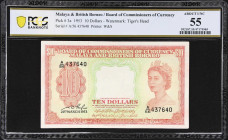 MALAYA AND BRITISH BORNEO. Board of Commissioners of Currency. 10 Dollars, 1953. P-3a. KNB3a. PCGS Banknote About Uncirculated 55.
Printed by W&S. Ti...