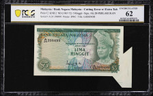 MALAYSIA. Bank Negara Malaysia. 5 Ringgit, ND (1967-72). P-2. KNB2. Cutting Error. PCGS Banknote Uncirculated 62.
Printed by BWC. Attractive multicol...